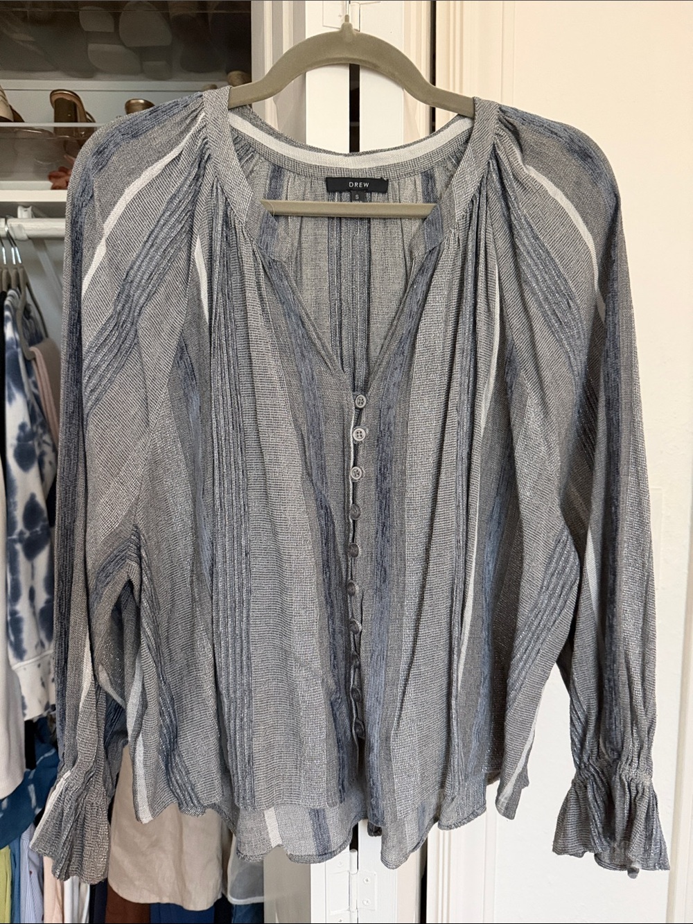 DREW Blue and White Striped Button-Front Women's Blouse